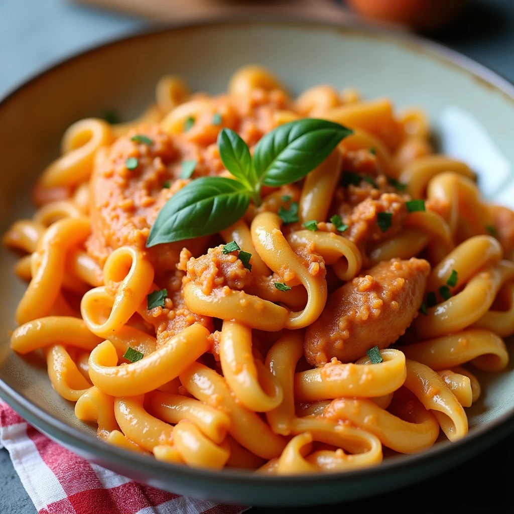 Cremige Hähnchen-Pasta in Tomaten-Sahnesoße