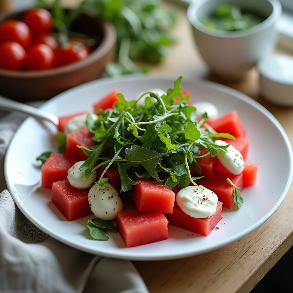 Sommerliche Wassermelone mit Rucola und Burrata