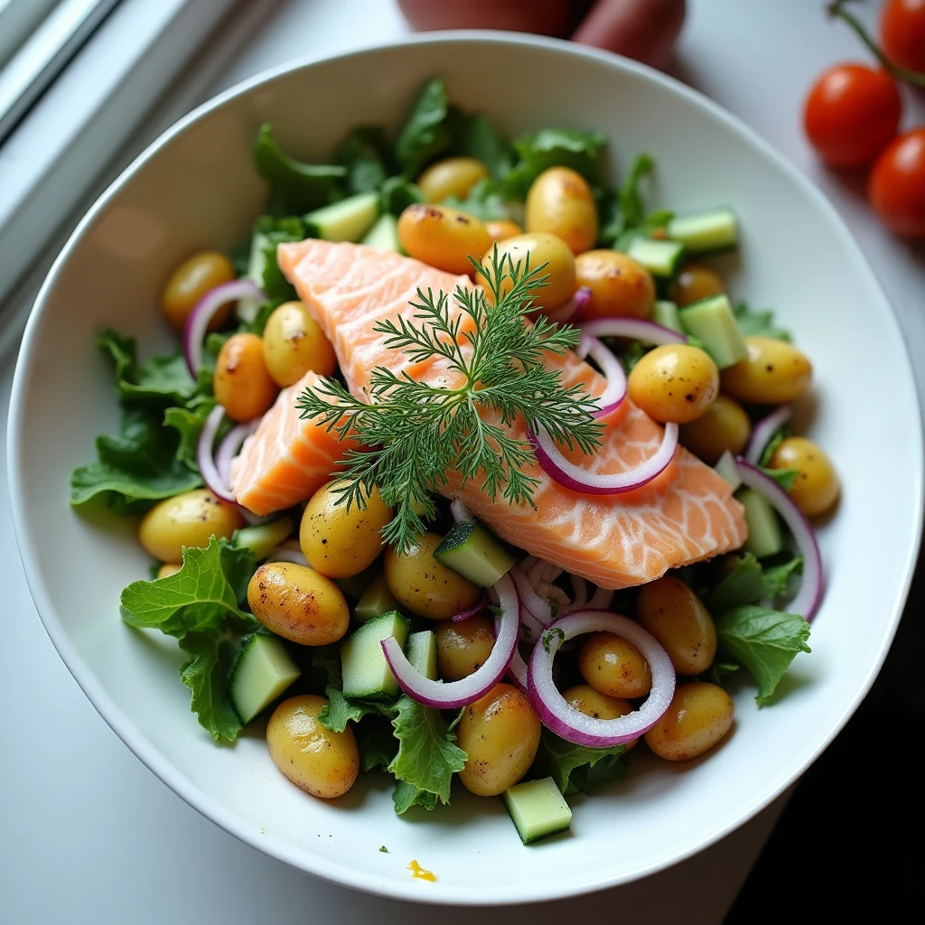 Knuspriger Lachs-Gurken-Salat mit Quetschkartoffeln
