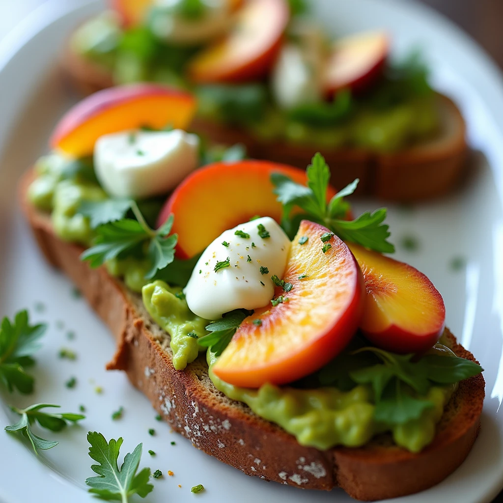 Sommerlicher Avocado-Pfirsich-Burrata-Toast