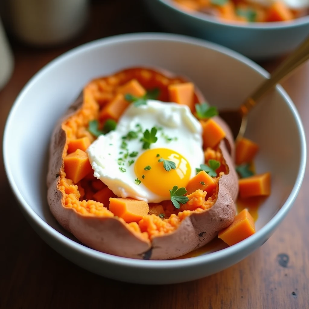 Süßkartoffel-Bowl mit Ei und Frischkäse