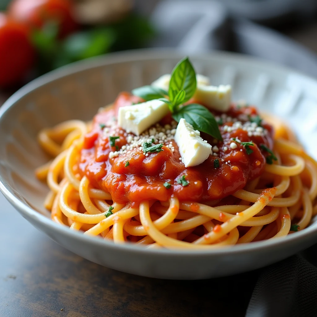 Schnelle Dinkel-Spaghetti mit Frischkäse-Tomaten-Sauce