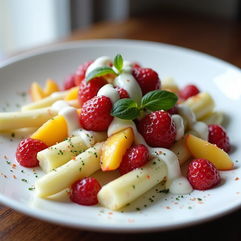 Cremiger Spargelsalat mit Erdbeeren und Pfirsich