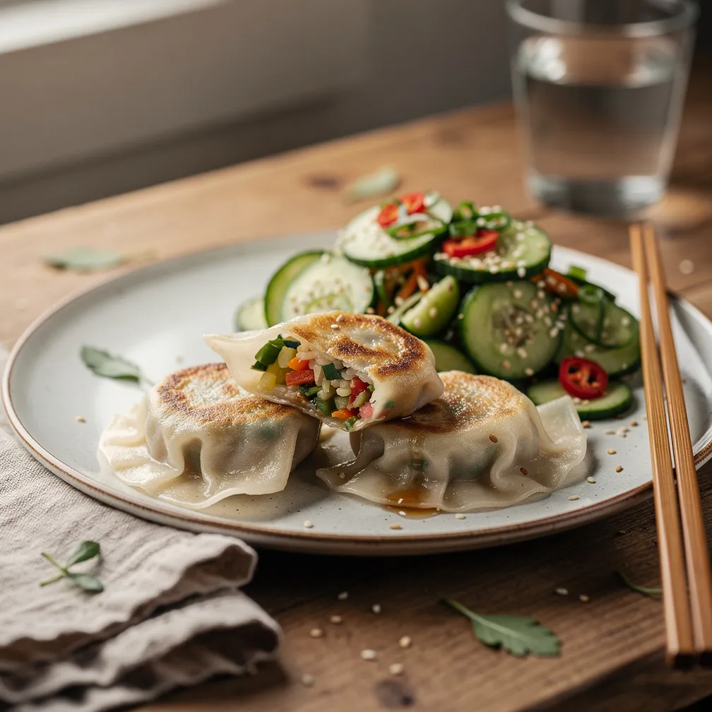 Reispapier Dumplings mit asiatischem Gurkensalat