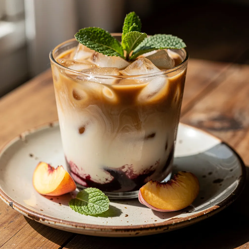 Eiskaffee mit Pfirsich und Holunderblüte
