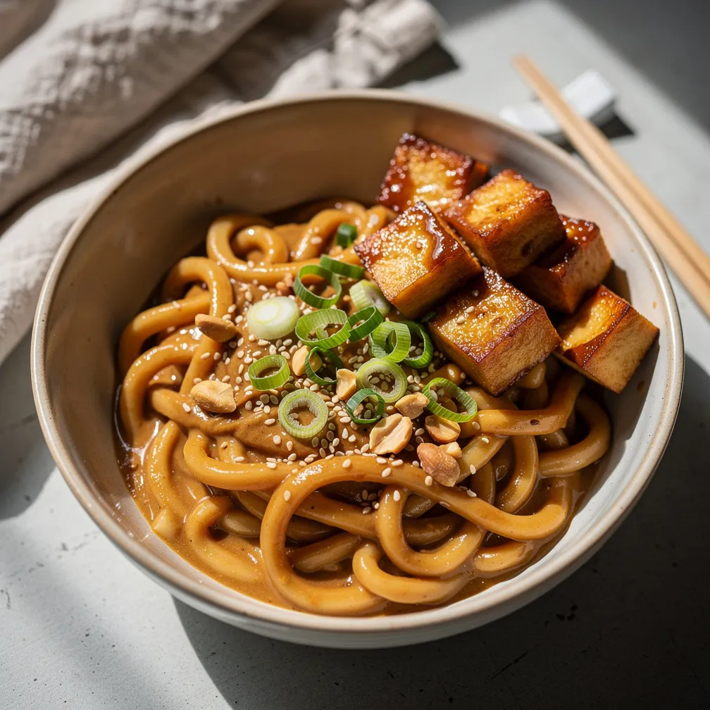 Creamy Peanut Udon with Teriyaki Tofu