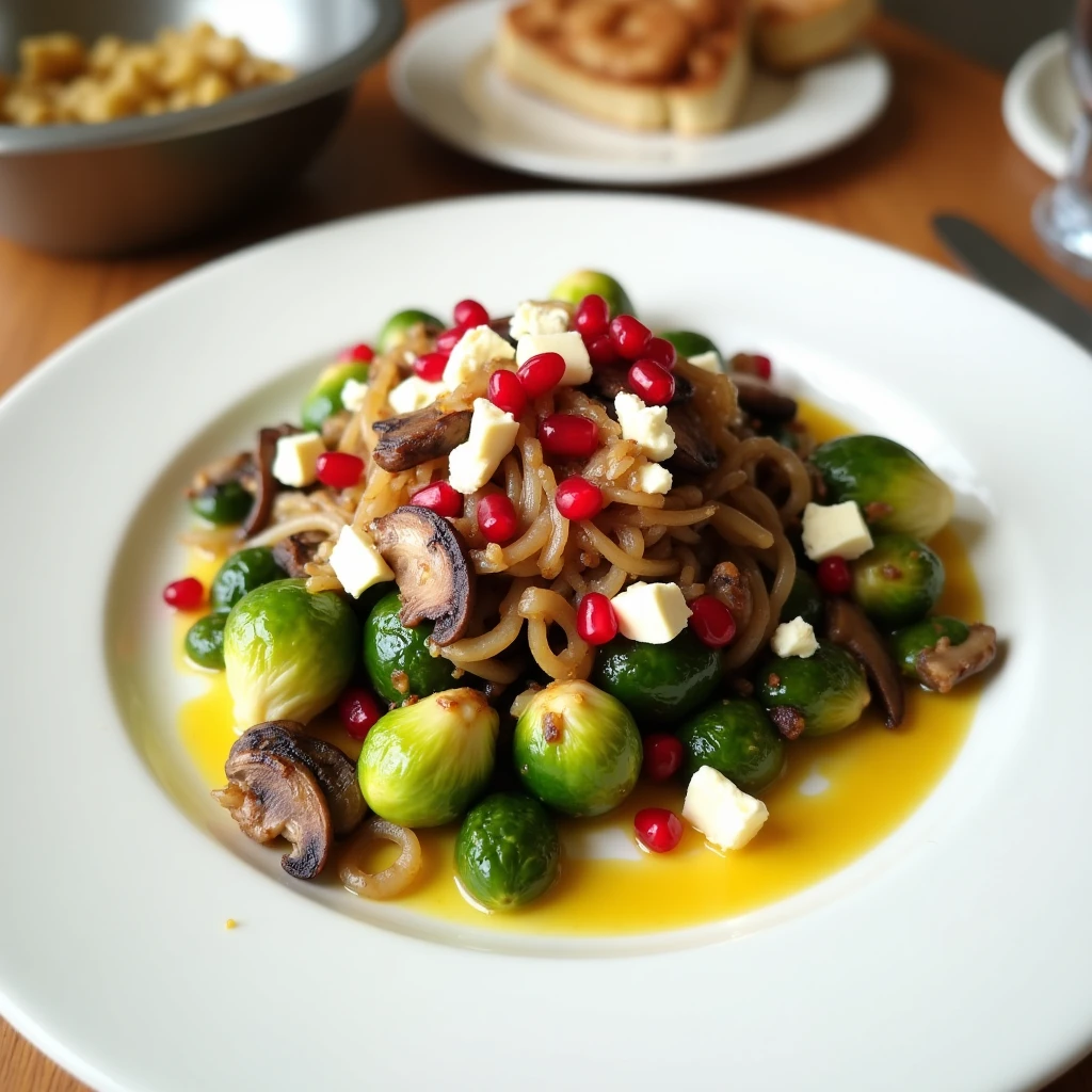 Austernpilze auf Rosenkohl in Senfsauce mit Granatapfelkernen